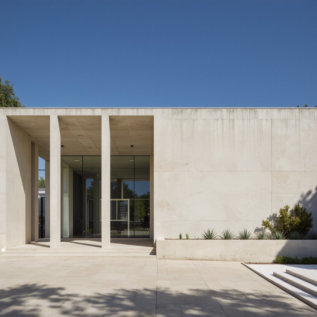 Fachada de colegio moderno minimalista con atrio y grandes ventanas