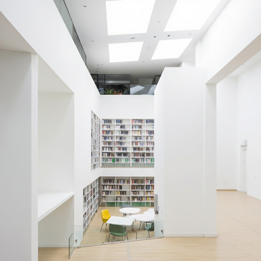 Vista exterior jardín moderno con fachada metálica coloreada