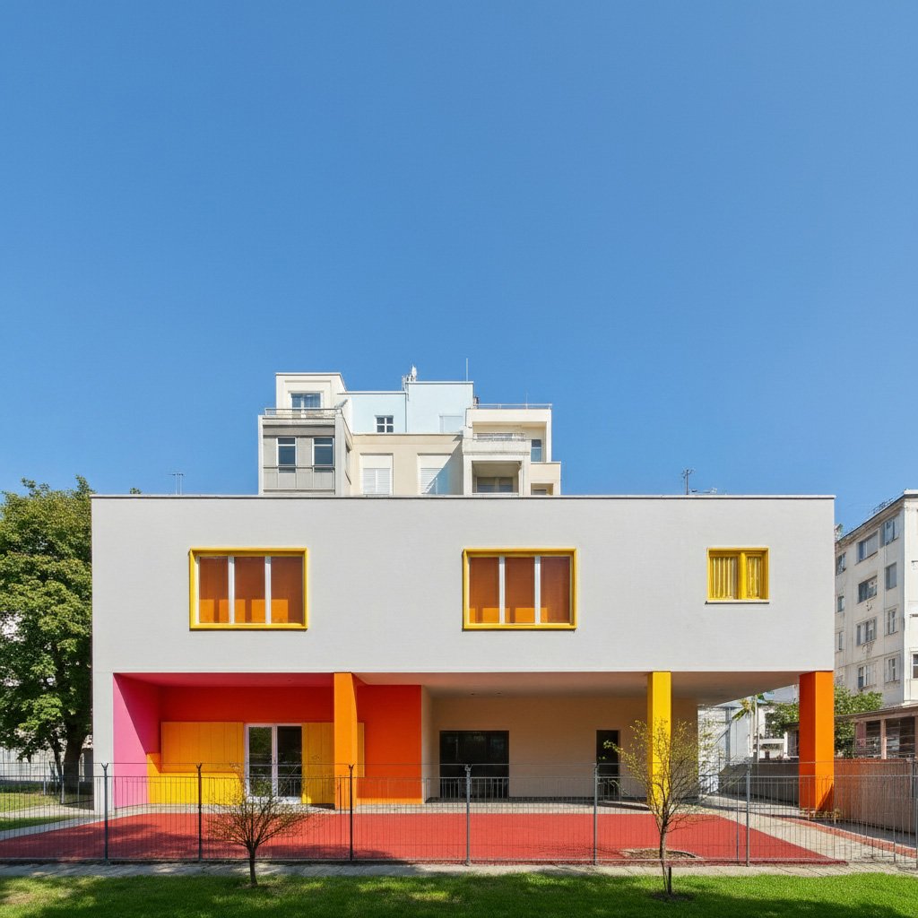 Vista exterior jardín moderno con fachada metálica coloreada