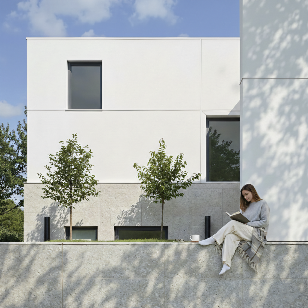 Fachada casa blanca y piedra gris, una chica leyendo