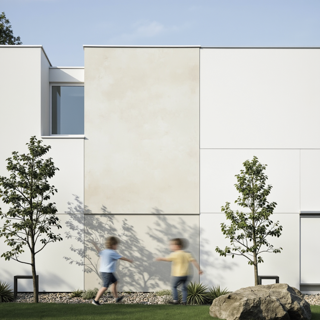 Fachada casa blanca con niños jugando