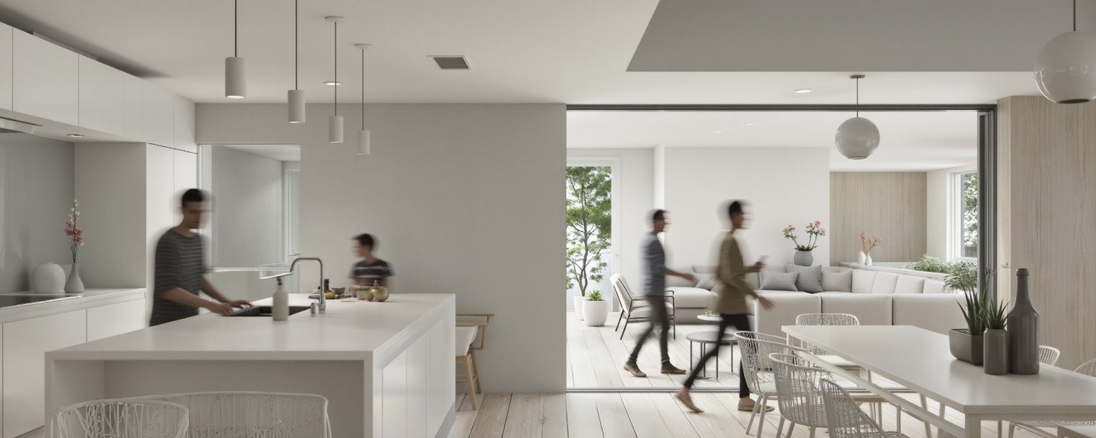 Imagen interior de una vivienda blanca con atmósfera de tranquilidad